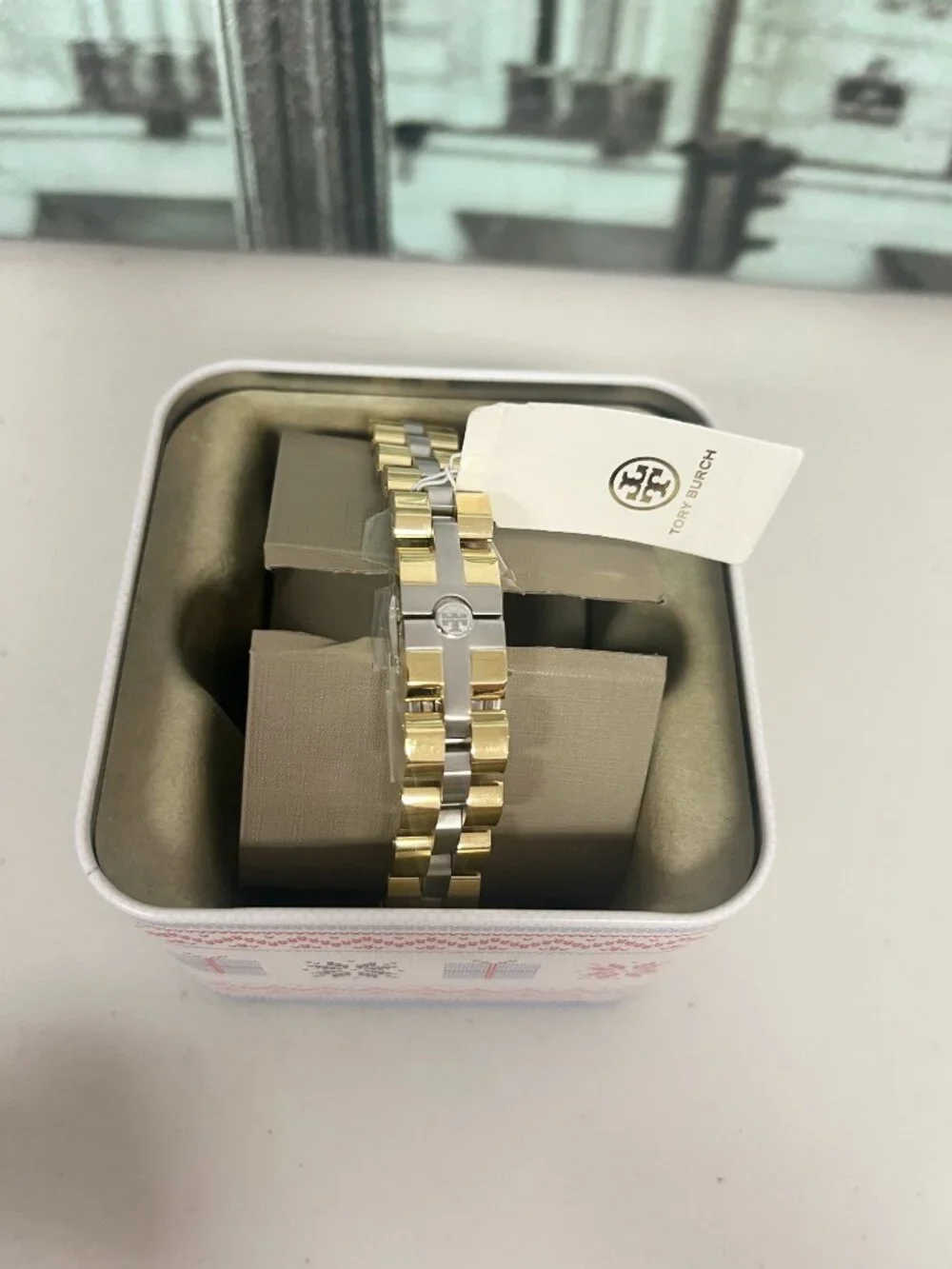 Tory Burch TBW1102 Ladies Two-Tone Rectangle Steel Watch 3ATM Dress Quartz Watch